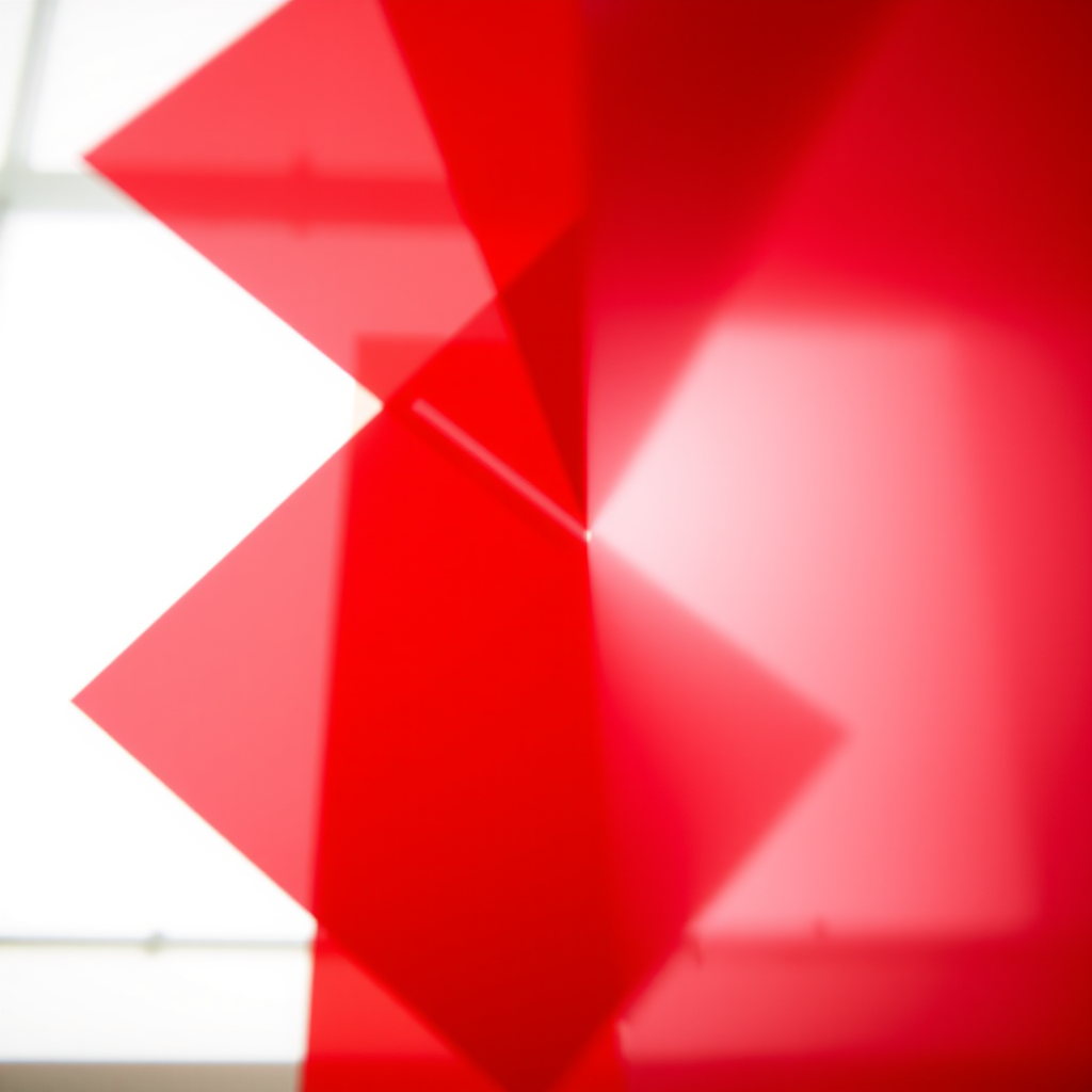 Create a modern abstract image with overlapping red geometric shapes and a bright white beam of light, using a DSLR camera with a 50mm lens, f/2.8 aperture, ISO 100, and a slight tilt-shift effect for depth, capturing a dynamic view from a low angle.