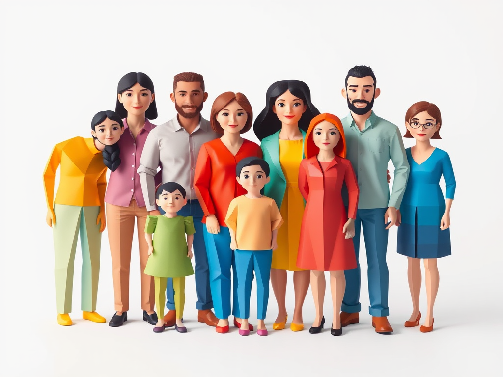 Create a high-quality 3D illustration of a diverse family represented by colorful geometric figures, with a white background for contrast, using a DSLR camera with a focal length of 50mm, aperture set to f/2.8, ISO 100, and a soft focus effect to enhance depth.