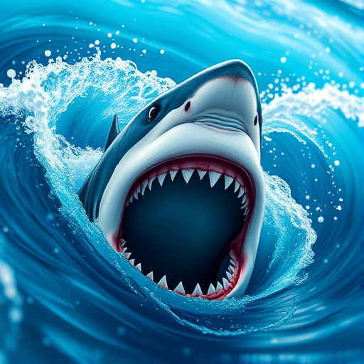 Create a high-resolution illustration of a shark's open mouth emerging from vibrant blue waves, using a DSLR camera with a 50mm lens, f/2.8 aperture, ISO 200, and a shallow depth of field for a striking focus on the shark and dynamic water movement.