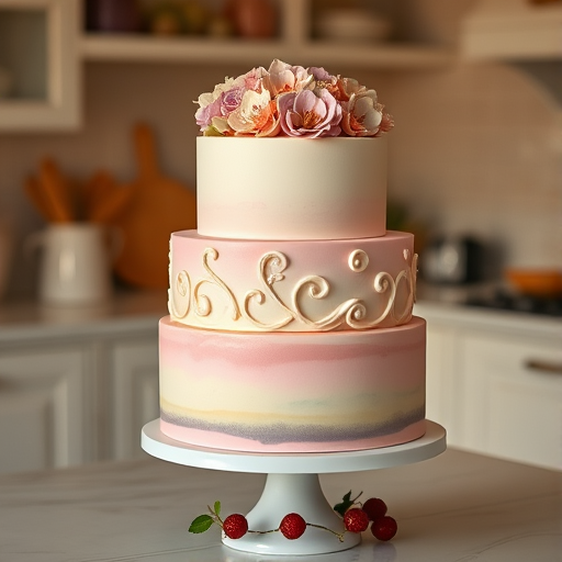 "A beautifully decorated round cake displayed on an elegant white cake stand. The cake has three tiers, each layer meticulously frosted with smooth buttercream in pastel colors. The top tier is adorned with delicate sugar flowers in soft shades of pink, purple, and white, with edible gold accents. The middle layer features intricate piping in swirls and lace-like patterns, while the bottom tier has a subtle ombre effect fading from light to dark. A few fresh berries and a touch of greenery are placed around the base of the cake for a natural touch. The background is a soft, blurred kitchen setting with warm lighting, focusing on the cake's details.