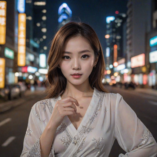 asian woman, korean idol, wrap blouse, night background, selfie, detailed background