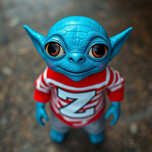 A playful blue alien character with three big eyes, wearing a red and white striped shirt with a large letter Z on it, and grey pants, captured from a top-down view using a DSLR camera, aperture f/4, 50mm lens, ISO 100, with vibrant colors and crisp details.