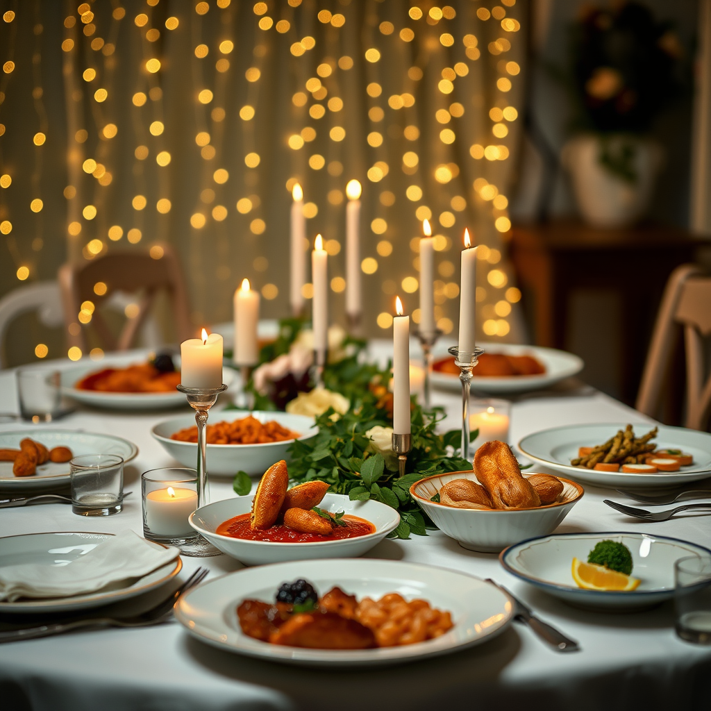 A beautifully set dining table with an array of delicious dishes, softly lit candles, and twinkling fairy lights in the background, taken with a Canon EOS R5, 50mm lens, f/1.8 aperture, ISO 200, 1/60 shutter speed, with a shallow depth of field for a soft bokeh effect.
