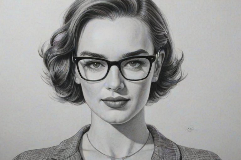 Pleasing Elizabeth Henstridge, pencil sketch, portrait of Stunning woman 1951s in glasses, hair style beatnik, outline, clear lines, fine lines, 8k