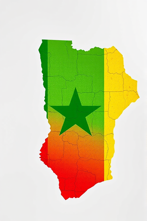Create a high-resolution image of the Senegal map overlaid with its national flag colors of green, yellow, and red, featuring a prominent green star in the center, shot with a Canon EOS R5, 50mm lens, f/1.8 aperture, ISO 100, in landscape orientation for vibrant color contrast and clarity.