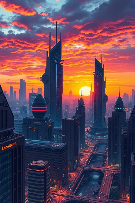 Detailed artistic illustration of a futuristic city at sunset with vibrant colors, high detail, wide angle lens, f/8 aperture, ISO 200, 24mm focal length, taken with a DSLR camera.