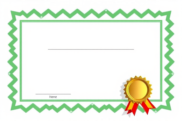 Create a certificate design with a green zigzag border, a blank central area for text, and a red and yellow ribbon seal on the lower right corner, taken with a DSLR camera, aperture f/4, shutter speed 1/60s, ISO 200, in a well-lit studio setting to enhance image clarity and colors.