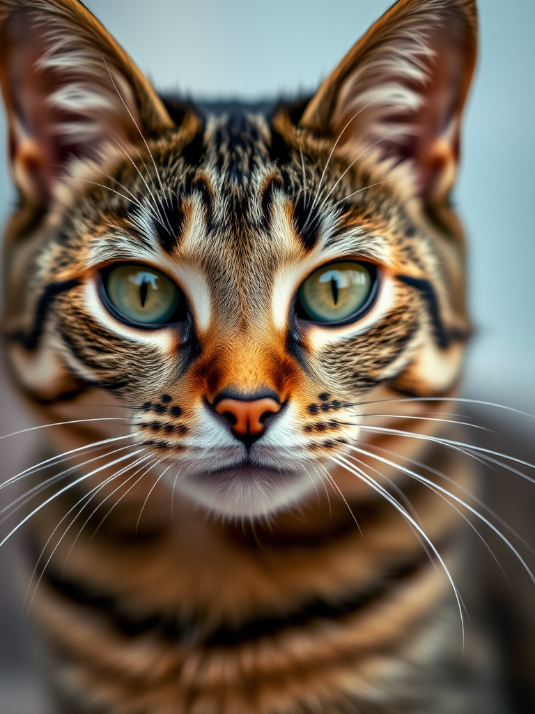 A close-up shot of a tabby cat with detailed fur texture and expressive eyes, taken with a DSLR camera using a 50mm lens, aperture f/1.8, ISO 200, soft natural lighting, shallow depth of field.