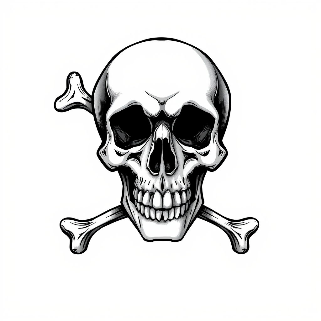 Create a detailed illustration of a stylized skull with crossed bones in a minimalist design, using a DSLR camera with a 50mm lens, aperture set to f/1.8, ISO 100, and soft lighting for enhanced contrast and clarity.