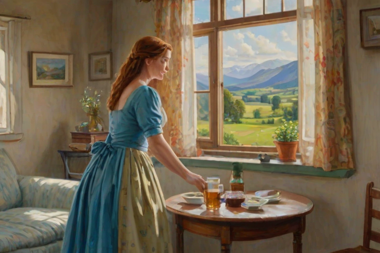 In "A Glass of Beer on the Highland," a serene scene is depicted in a sunlit room where a woman in a vibrant blue dress stands by a large window. She holds a tray with a hearty meal and a frothy glass of beer, embodying a moment of relaxation. Outside, the breathtaking highland landscape features rolling green hills and a charming traditional house, all bathed in warm afternoon light. The interior is adorned with potted plants, creating a harmonious blend of comfort and nature. The painting beautifully captures the tranquility and joy found in simple pleasures amidst stunning scenery