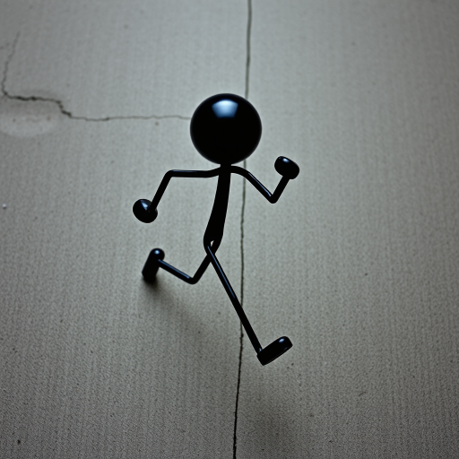 Create a high-resolution image of a stick figure running energetically, captured with a DSLR camera at f/2.8 aperture, ISO 100, 50mm lens, top-down view, using a contemporary style with vibrant color contrast and sharp detail.