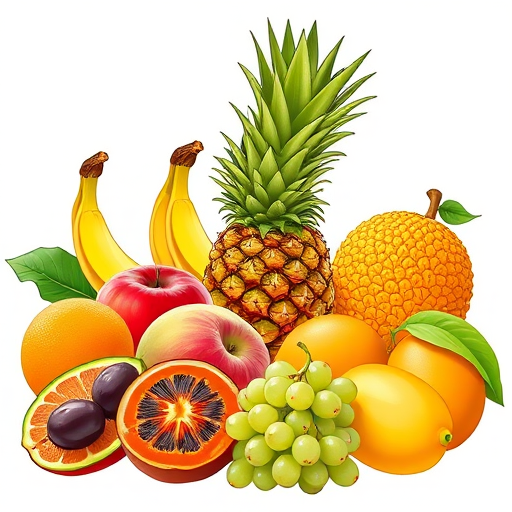 Create a vibrant illustration of assorted fruits including a banana, oranges, apple, papaya, pineapple, mango, grapes, durian, and mangosteen against a clean white background, using a digital drawing style, zoomed in for detail, with bright colors and smooth lines, in a high-resolution format.