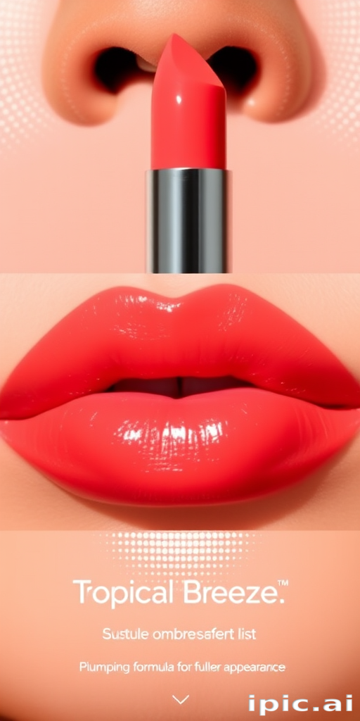 Vibrant coral sunset lips with a glossy finish, called "Tropical Breeze," featuring a subtle ombré effect and a plumping formula for fuller appearance