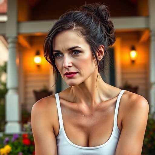 A photo of Nicole Kidman with a background of a cozy porch. She has dark hair pulled back in an updo, with tendrils framing her face. She wears a white tank top and sits on the porch. The porch is part of a well-lit home with a warm, earthy tone and colorful flowers and foliage. The overall scene has a warm, welcoming, and comfortable ambiance.