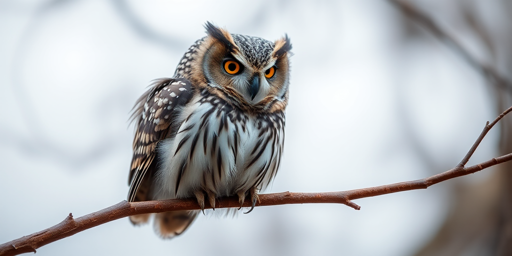 Create a high-resolution image of a stylized owl perched on a branch, using a Canon EOS R5 camera with a 50mm f/1.2 lens, aperture set to f/2.8, ISO 100, and a soft focus background for depth.