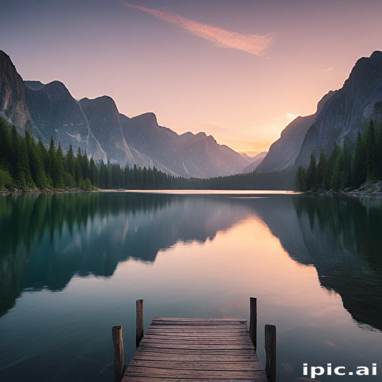 Tranquil Sunrise Over Serene Lake Surrounded by Majestic Mountain Peaks