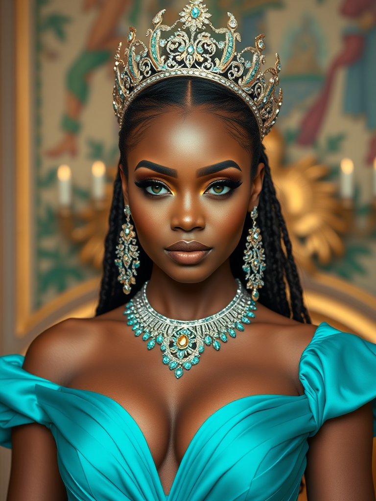 A gorgeous Garifuna woman in a luxurious cyan gown, accessorized with a dazzling tiara and statement earrings, her deep green eyes highlighted by impeccable makeup, poised in a royal setting, photorealistic, 8K quality