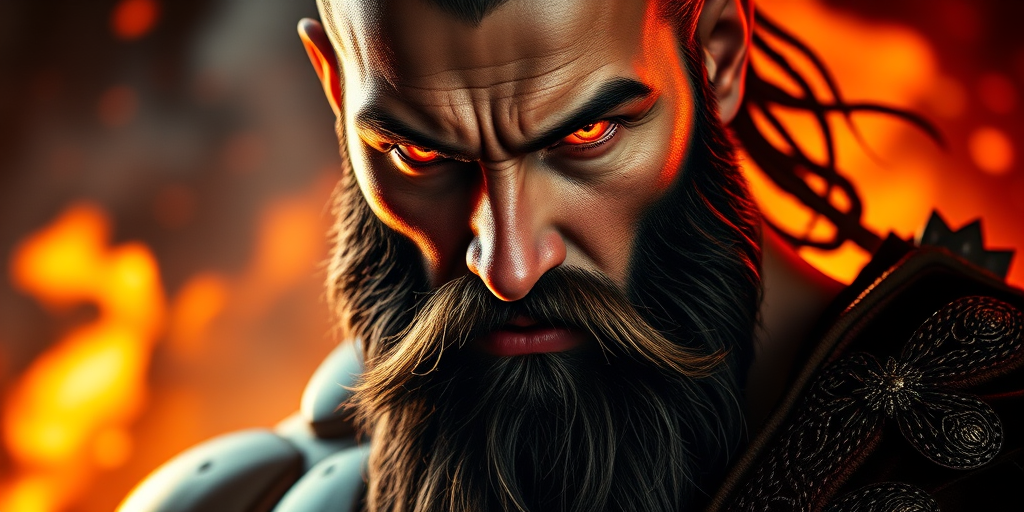 Create a high-resolution portrait of a fierce warrior with a muscular build, intense expression, fiery background, glowing red eyes, and intricate details in the beard, using a full-frame DSLR camera with a 50mm lens, f/1.8 aperture, ISO 100, natural lighting, and a soft focus style for artistic effect.