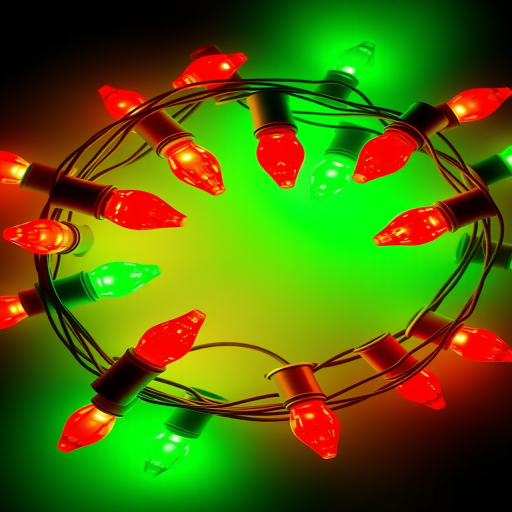 Generate a vibrant illustration of a circular string of Christmas lights with red and green bulbs, captured in a close-up view, using a DSLR camera with an f/2.8 aperture, ISO 100, and a shutter speed of 1/60 seconds for enhanced image quality.