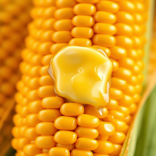 Create a hyper-realistic image of a golden ear of corn with melting butter on top, with vibrant colors and detailed texture, using a DSLR camera, 50mm lens, f/1.8 aperture, ISO 100, and natural lighting for enhanced clarity.