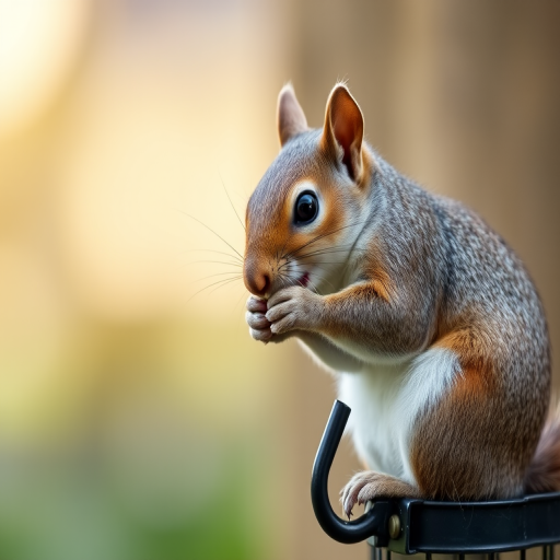 Capture a close-up shot of a squirrel eating, perched on a fence hook, with a blurred background using a DSLR camera, aperture f/2.8, 1/200 sec shutter speed, ISO 400, natural lighting.