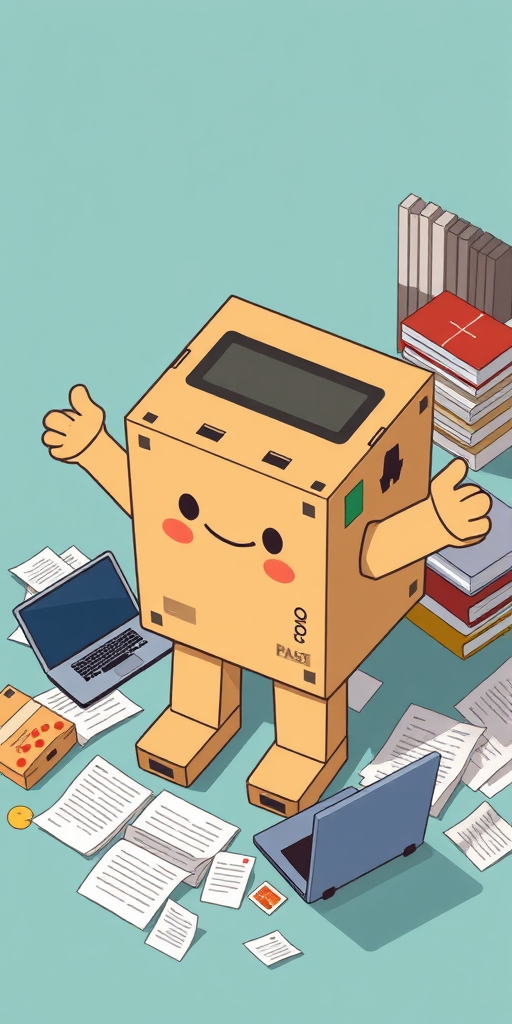 Create a digital illustration of a character that is a large cardboard box with arms and legs, surrounded by scattered documents, a laptop, a stack of books, and a pizza box, using a 50mm lens, f/2.8 aperture, ISO 100, and a top-down view for clarity and depth.