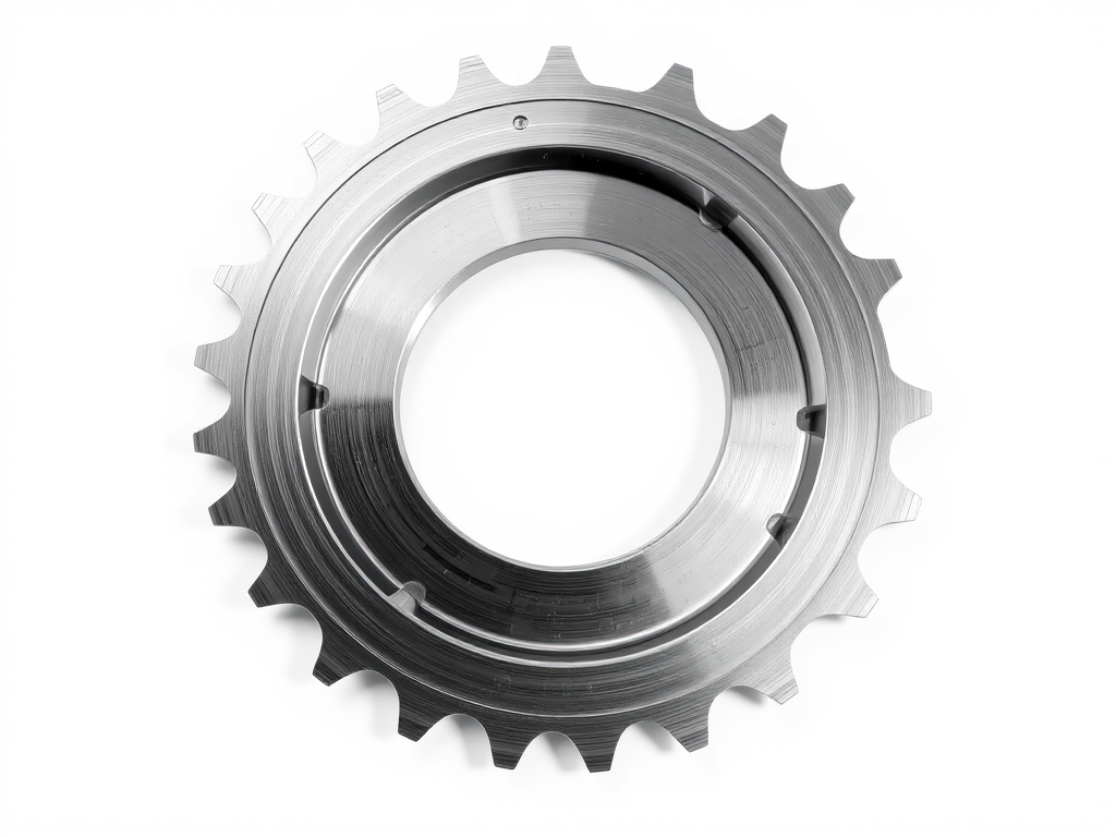 Generate a high-resolution image of a silver gear with sharp edges, using a DSLR camera with a 50mm lens, aperture set to f/2.8, shutter speed 1/125s, ISO 100, top-down view on a plain white background, with a soft light source to enhance reflections and details.