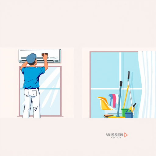 Create a high-resolution vector illustration of a person cleaning an air conditioner with a brush in one panel and a cleaning setup with a mop, bucket, and cleaning supplies in the other panel, using a professional camera type like DSLR, lens aperture set to f/5.6 for sharper focus, 24mm focal length for a wide view, and bright, even lighting to enhance colors and details.