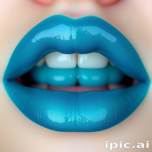 Serene ocean lips painted in various shades of blue and teal, with subtle white accents resembling sea foam and a glossy finish like water