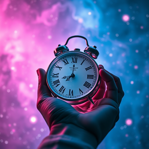 Create a surreal image of a hand holding a crystal clock with Roman numerals, surrounded by a cosmic background of vibrant pink and blue nebulae, featuring soft glowing trails of light, shot with a DSLR camera at f/2.8 aperture, 50mm lens, ISO 100, using a low-angle view for depth and clarity.