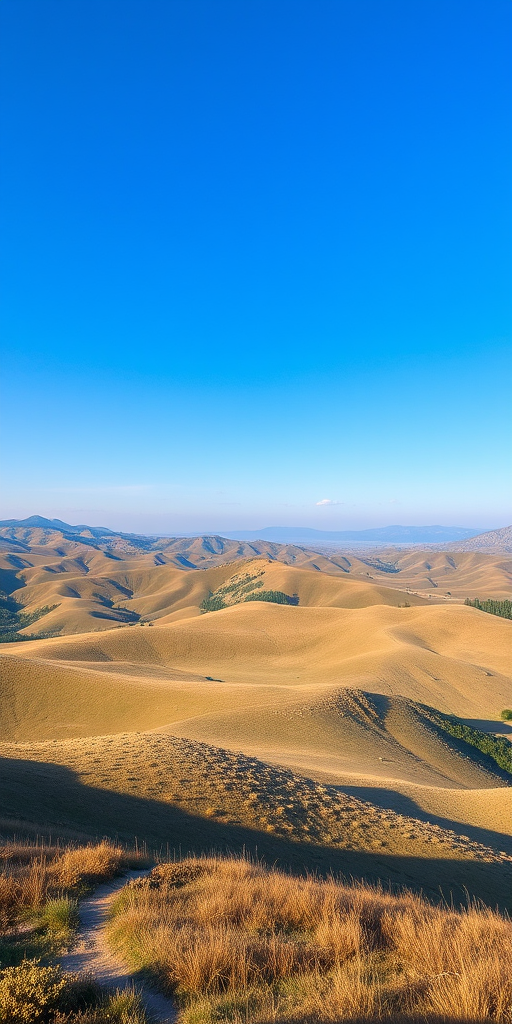 Create a high-resolution image featuring a serene landscape with rolling hills and a clear blue sky, captured with a DSLR camera at f/11, ISO 100, 1/250s shutter speed, using a wide-angle lens at 24mm for an expansive view.