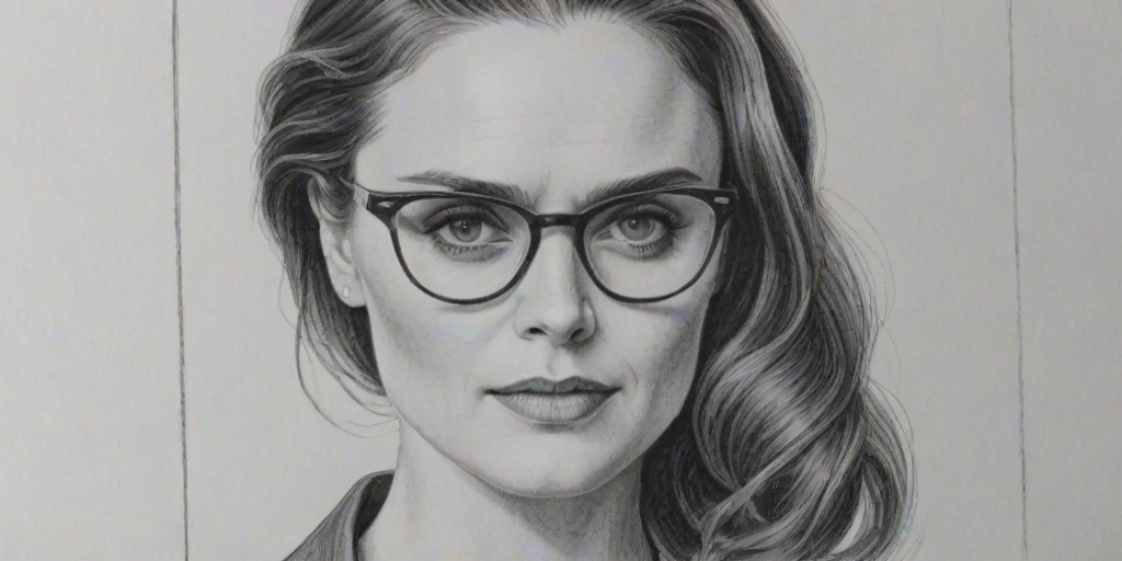 Fascinating Emily Deschanel, pencil sketch, portrait of Exquisite woman 1943s in glasses, hair style beatnik, outline, clear lines, fine lines, 8k