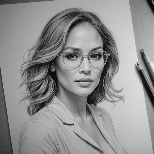 Fascinating Jennifer Lopez, pencil sketch, portrait of Exquisite woman 1944s in glasses, hair style beatnik, outline, clear lines, fine lines, 8k