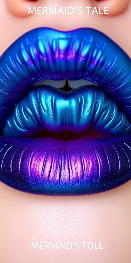 Duochrome teal-to-purple lips, dubbed "Mermaid's Tale," showcase a mesmerizing color-shifting effect and a long-wearing formula