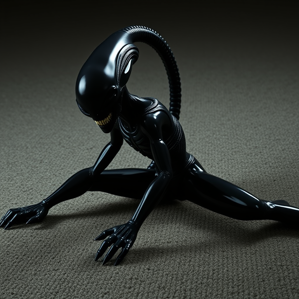A funny Alien in a stretching position on a textured carpet, with its black, glossy body reflecting dim light. Legs spread wide, upper body bent forward, long segmented tail curving over its back, arching above its head. Face directed at the viewer, showing biomechanical features, sharp teeth, elongated skull. Muscles taut, emphasizing strength in the stretch. Minimalist environment, focusing on the creature's athletic pose. Photorealistic quality.