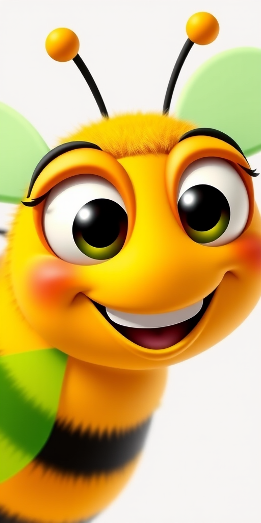 Create a vibrant cartoon image of a happy, stylized bee with large eyes and a bright green wing, using a DSLR camera with a 50mm lens, aperture f/2.8, ISO 100, shot in a well-lit studio environment for enhanced clarity and color saturation.