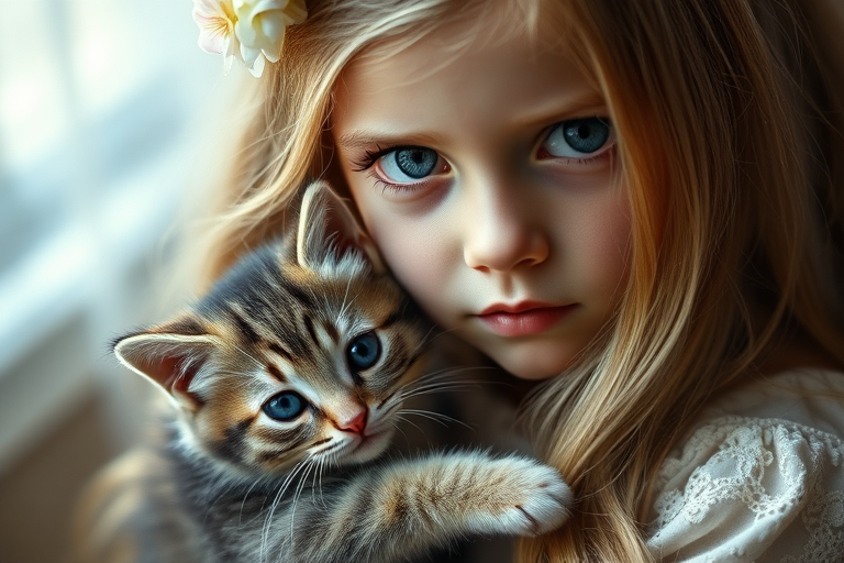 A close-up portrait of a young girl with long blonde hair holding a fluffy kitten, wearing a delicate dress with lace details and a floral hair accessory, soft dramatic lighting, shallow depth of field, 85mm f/1.4 lens, ISO 100, natural light, vintage photography style, focus on the girl's striking blue eyes and the kitten's fur texture.