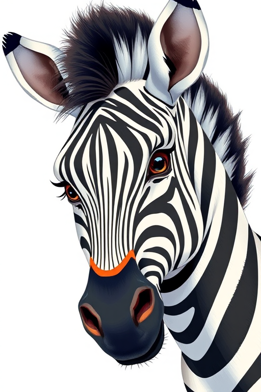 create a detailed illustration of a zebra with a vibrant and playful style, use a 50mm lens, aperture f/2.8, ISO 100, soft lighting, digital illustration, high resolution