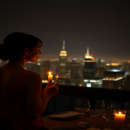 Candlelit dinner on a rooftop terrace, the city lights twinkling below, and a woman dressed elegantly, her face glowing in the soft candlelight as she gazes out over the skyline.