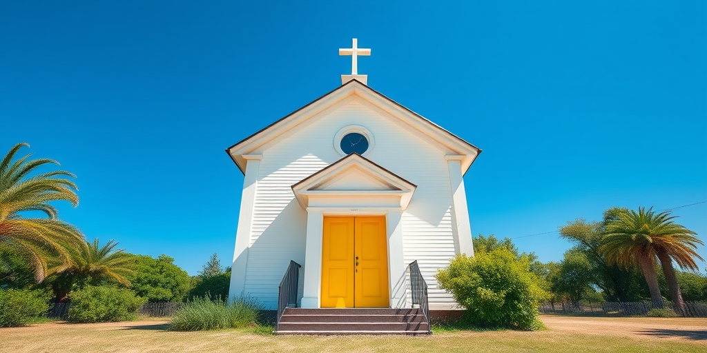 Capture a bright, sunny day at a small white church with a yellow door and a cross on the roof, surrounded by greenery and a clear blue sky; use a Canon EOS R5, 24mm lens, aperture f/8, ISO 100, and a wide-angle shot to enhance depth and detail.