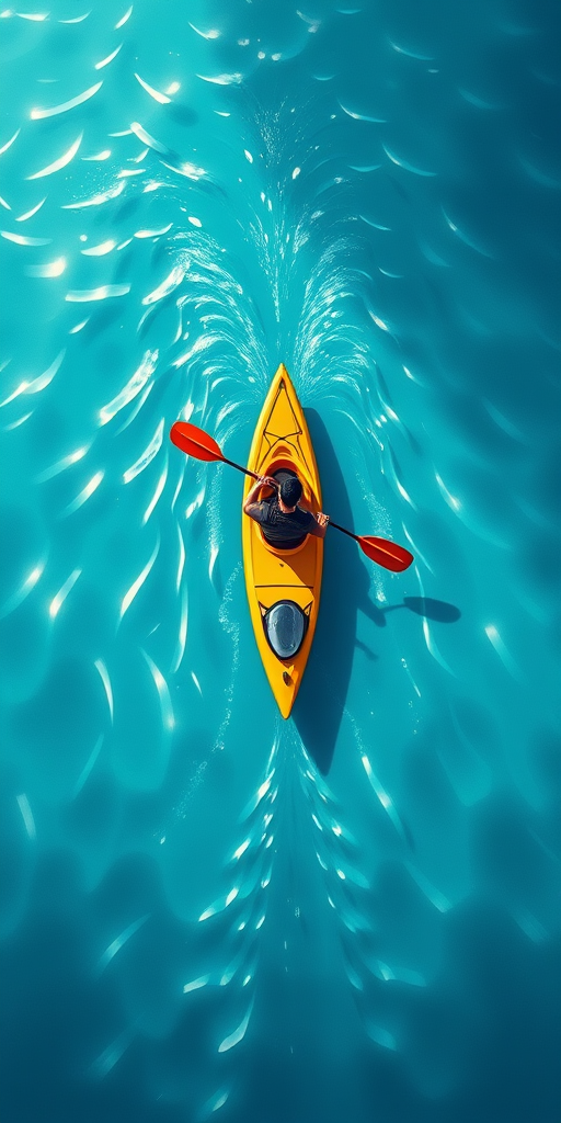 Create a detailed illustration of a person kayaking on water, captured with a DSLR camera, f/5.6 aperture, ISO 100, 1/500 shutter speed, overhead view, using a wide-angle lens to enhance depth and clarity.