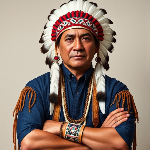 Create a dignified portrait of a Native American man dressed in traditional attire. He wears a beautifully crafted headdress adorned with white feathers and red beads, along with a beaded headband featuring intricate patterns. His clothing includes a deep blue, patterned shirt and a traditional chest piece with detailed beadwork. His arms are crossed, displaying leather armbands decorated with feathers. The background is simple and neutral, emphasizing his proud and stoic expression. The overall image captures the rich cultural heritage and strength of his persona.