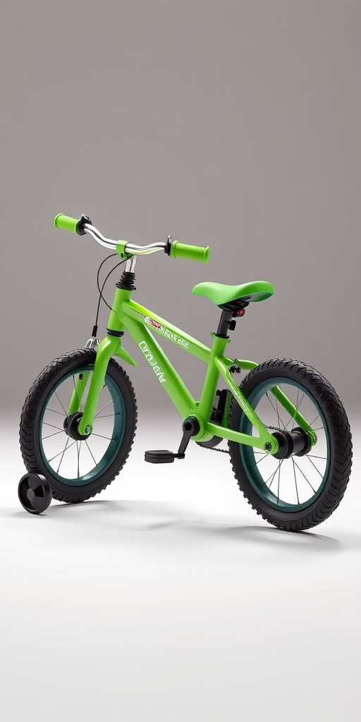 high-quality 3D render of a green children's bicycle with training wheels, studio lighting, close-up shot, ISO 100, f/4 aperture, 50mm lens, soft focus background, high dynamic range imaging