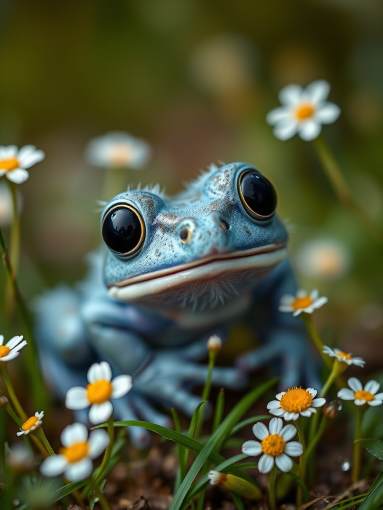 Create an ultra-detailed image of a cute, blue frog with large expressive eyes and a fluffy texture, surrounded by small white daisies and dewdrops, captured with a Canon EOS R5, 85mm lens at f/1.2, shallow depth of field, in natural lighting with enhanced vibrancy for a magical atmosphere.