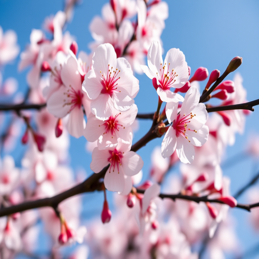 Close-up of blooming cherry blossoms on branches against a clear blue sky, captured with a DSLR camera at f/2.8, 1/500s shutter speed, ISO 100, 35mm lens, natural light, macro photography style.
