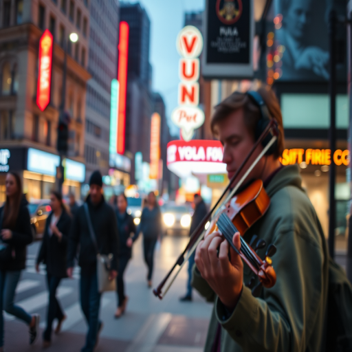 Blurry candid shot of a street musician playing a violin on a busy city corner at dusk, soft light from neon signs reflecting off nearby buildings, with passersby softly blurred in motion.