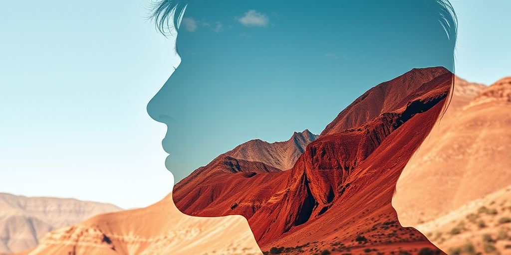 Regenerate a double exposure image of a human silhouette filled with an abstract colored mountain landscape, use a Canon EOS R5 camera with a 50mm f/1.2 lens, aperture set to f/4, shutter speed at 1/125s, ISO 200, in natural light to enhance details and contrast.