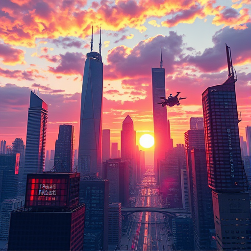 Create a vibrant and detailed illustration of a futuristic city skyline at sunset, with towering skyscrapers and flying vehicles, captured with a Canon EOS R5, 24mm f/1.4 lens, ISO 100, aperture f/8, and a wide-angle view to enhance depth and perspective.