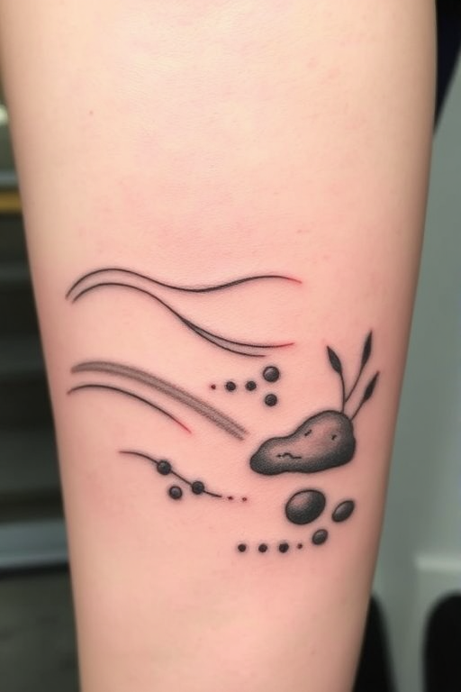 Serene "Zen Garden" tattoo captures the peaceful essence of Japanese rock gardens. Smooth, flowing lines represent raked sand, while strategically placed dots and organic shapes depict rocks and moss. Soft greys and earth tones create a calming atmosphere, perfect for those seeking a minimalist and meditative tattoo design.