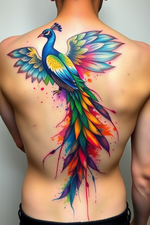Vibrant watercolor tattoo named "Spectrum Splash" featuring a majestic peacock with iridescent feathers spreading across the upper back, its tail feathers transforming into a cascade of vibrant rainbow hues that flow down the spine, incorporating delicate brush strokes and paint splatters for a dynamic and artistic effect